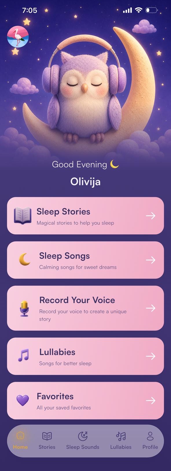 The NubiNook app home screen: Sleep Stories, Sleep Songs, Record Your Voice, Lullabies and Favorites