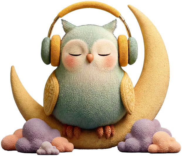 Nubi the owl listening with headphones, sitting on the moon